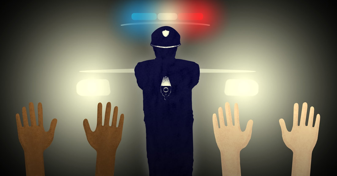 An illustration of a police officer standing in front of a police car pointing a gun at two sets of hands, one with white skin and one with brown skin.