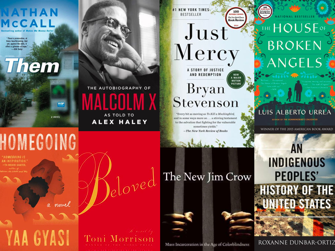 A collage of fiction and non-fiction book covers on the topic of race. Some include, The Autobiography of Malcolm X and Just Mercy by Bryan Stevenson