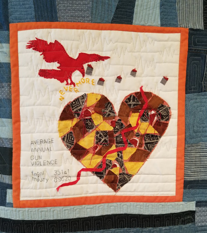 A quilted panel showing a heart pierced by a red ribbon representing a graph of the increased average annual gun violence, with a red bird carrying the word “nevermore”. Designed by anonymous designer in Social Justice Sewing Academy Community Quilt workshop, quilted by the East Bay Heritage Quilt Guild under the direction of Martha Wolfe. (Photo by M. Luckey)Picture